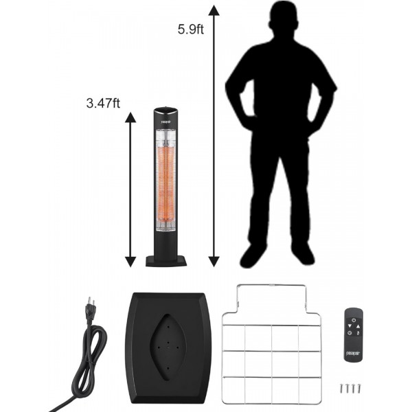 Pasapair Electric Patio Heater,1s Heating Infrared Outdoor Heaters with Remote, 2 Heat Levels and 24H Timer, Portable Freestanding Tower Heater, Overheating, Tip-Over Protection,IPX5 Waterproof