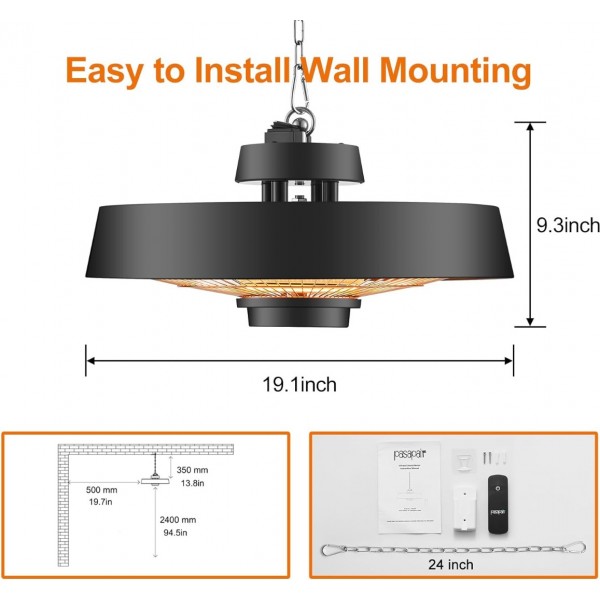 Pasapair Electric Patio Hanging Heater 1500W, Infrared Patio Heater for Indoor and Outdoor,1s Fast Heating,Ceiling Mounted Heater With Remote,IP44 Waterproof