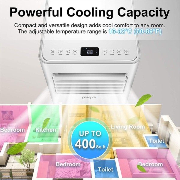 Pasapair Portable Air Conditioner/Air Cooler 10000 BTU with Dehumidifier&Fan Mode/Quiet AC unit Cools Rooms to 400 sq.ft,with Remote Control,LED Panel/Timer/Window Mount Exhaust Kit for Home Office