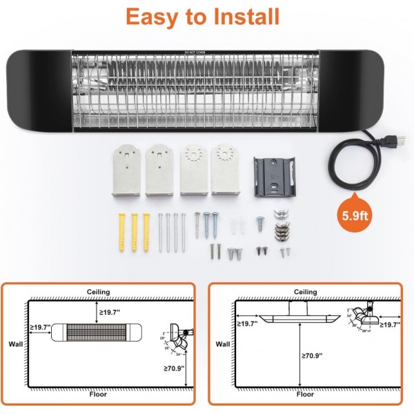 Pasapair Electric Patio Heater with APP Control - 1500W Outdoor Heater Fast Heating with 4 Power Setting - Wall Mounted Infrared Heater Quiet and Odorless - IP65 Waterproof and 24H Timer