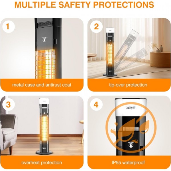 Pasapair Electric Patio Heater with Bluetooth Speaker and Light - 1500W Outdoor Heater Fast Heating with 5 Power Setting - Standing Infrared Heater Quiet and Odorless - IP55 Waterproof and 24H Timer