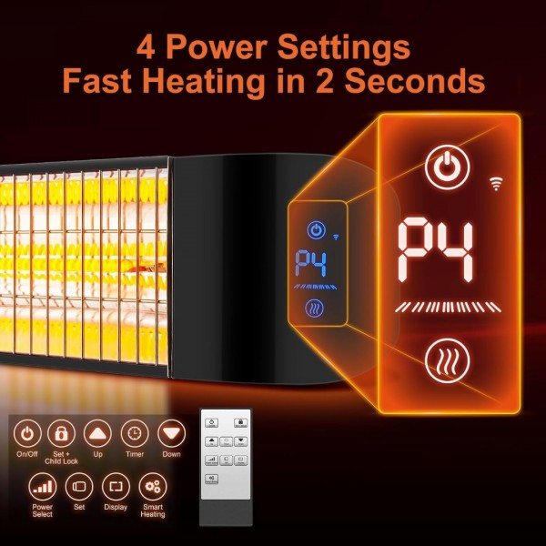 Pasapair Electric Patio Heater with APP Control - 1500W Outdoor Heater Fast Heating with 4 Power Setting - Wall Mounted Infrared Heater Quiet and Odorless - IP65 Waterproof and 24H Timer