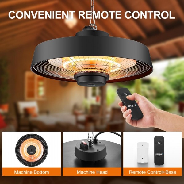 Pasapair Electric Patio Hanging Heater 1500W, Infrared Patio Heater for Indoor and Outdoor,1s Fast Heating,Ceiling Mounted Heater With Remote,IP44 Waterproof