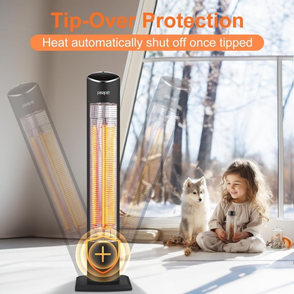 Pasapair Electric Patio Heater,1s Heating Infrared Outdoor Heaters with Remote, 2 Heat Levels and 24H Timer, Portable Freestanding Tower Heater, Overheating, Tip-Over Protection,IPX5 Waterproof