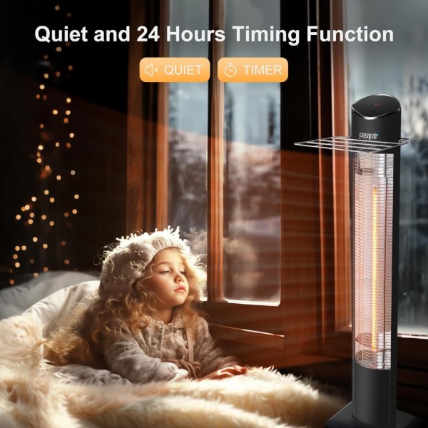 Pasapair Electric Patio Heater,1s Heating Infrared Outdoor Heaters with Remote, 2 Heat Levels and 24H Timer, Portable Freestanding Tower Heater, Overheating, Tip-Over Protection,IPX5 Waterproof