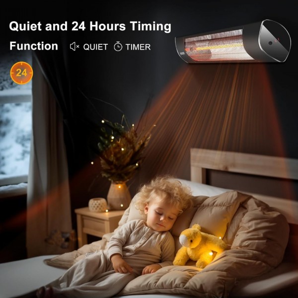 Pasapair Electric Outdoor Heater-Infrared Patio Heaters With Remote-1s Heating and 3 Heat Levels Wall Mounted Infrared Heater Quiet and Odorless-24H Timer