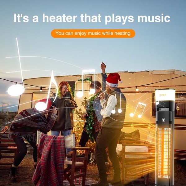 Pasapair Electric Patio Heater with Bluetooth Speaker and Light - 1500W Outdoor Heater Fast Heating with 5 Power Setting - Standing Infrared Heater Quiet and Odorless - IP55 Waterproof and 24H Timer