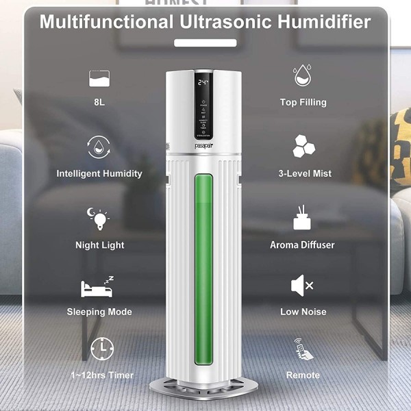 Humidifiers by pasapair Ultrasonic Humidifier 8L large capacity for 550 ft² room 2.11Gal Top Filling Cool Mist 3-IN-1 Essential Oil Tray Auto Shut-Off Quiet Operation Remote Control Night
