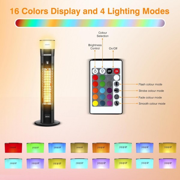 Pasapair Electric Patio Heater with Bluetooth Speaker and Light - 1500W Outdoor Heater Fast Heating with 5 Power Setting - Standing Infrared Heater Quiet and Odorless - IP55 Waterproof and 24H Timer