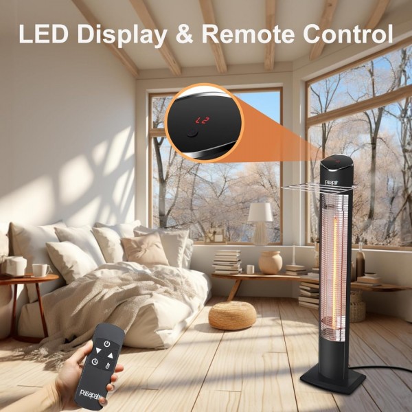 Pasapair Electric Patio Heater,1s Heating Infrared Outdoor Heaters with Remote, 2 Heat Levels and 24H Timer, Portable Freestanding Tower Heater, Overheating, Tip-Over Protection,IPX5 Waterproof