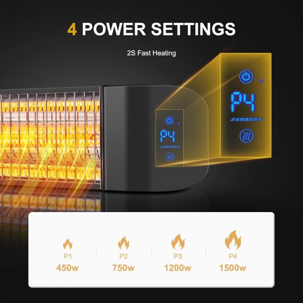 Pasapair Electric Patio Heater with APP Control - 1500W Outdoor Heater Fast Heating with 4 Power Setting - Wall Mounted Infrared Heater Quiet and Odorless - IP65 Waterproof and 24H Timer