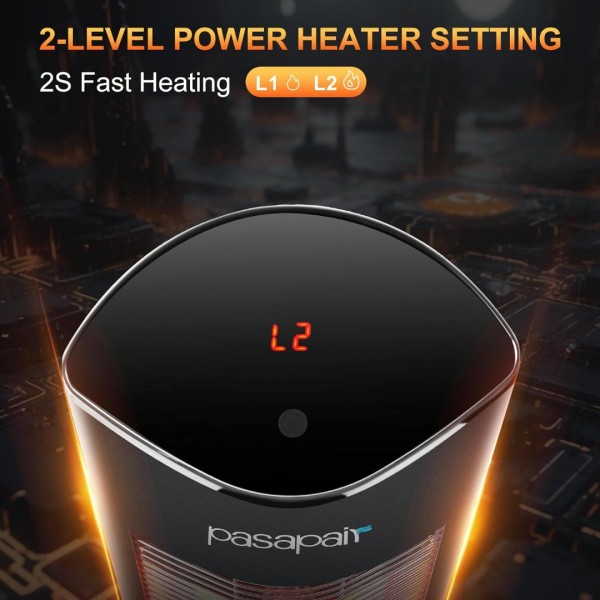 Pasapair Electric Patio Heater,1s Heating Infrared Outdoor Heaters with Remote, 2 Heat Levels and 24H Timer, Portable Freestanding Tower Heater, Overheating, Tip-Over Protection,IPX5 Waterproof