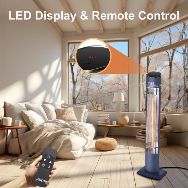 Pasapair Electric Patio Heater,1s Heating Infrared Outdoor Heaters with Remote, 2 Heat Levels and 24H Timer, Portable Freestanding Tower Heater, Overheating, Tip-Over Protection,IPX5 Waterproof，Blue
