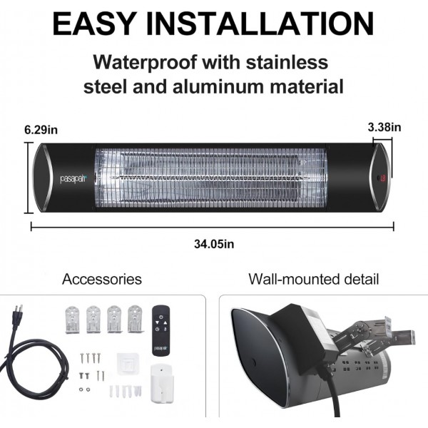 Pasapair Electric Outdoor Heater-Infrared Patio Heaters With Remote-1s Heating and 3 Heat Levels Wall Mounted Infrared Heater Quiet and Odorless-24H Timer