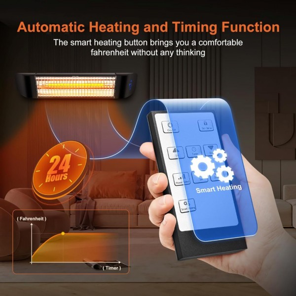 Pasapair Electric Patio Heater with APP Control - 1500W Outdoor Heater Fast Heating with 4 Power Setting - Wall Mounted Infrared Heater Quiet and Odorless - IP65 Waterproof and 24H Timer