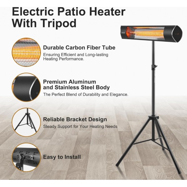Pasapair Outdoor Heaters, Infrared Heaters with Remote, 3 Heat Settings, 24H Timer, IP65 Waterproof, Electric Patio Heaters with Tripod Stand for Garage,Patio,Home