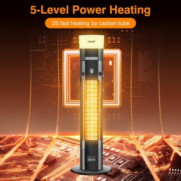 Pasapair Electric Patio Heater with Bluetooth Speaker and Light - 1500W Outdoor Heater Fast Heating with 5 Power Setting - Standing Infrared Heater Quiet and Odorless - IP55 Waterproof and 24H Timer