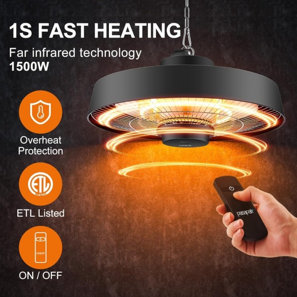 Pasapair Electric Patio Hanging Heater 1500W, Infrared Patio Heater for Indoor and Outdoor,1s Fast Heating,Ceiling Mounted Heater With Remote,IP44 Waterproof