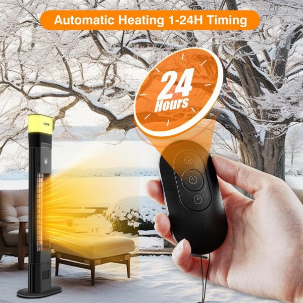 Pasapair Electric Patio Heater with Bluetooth Speaker and Light - 1500W Outdoor Heater Fast Heating with 5 Power Setting - Standing Infrared Heater Quiet and Odorless - IP55 Waterproof and 24H Timer