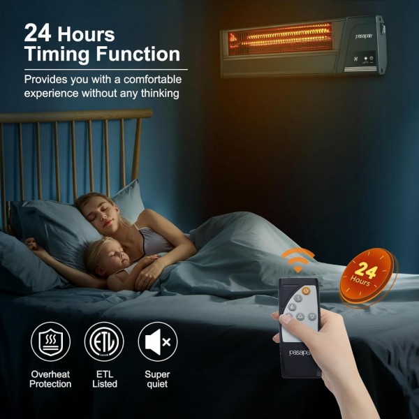 Pasapair Infrared Patio Heater, Electric Wall Mounted Heater for Restaurant,1500W Fast Heating,3D Flame Display,24H Timers,IP65 Waterproof Outdoor Heaters