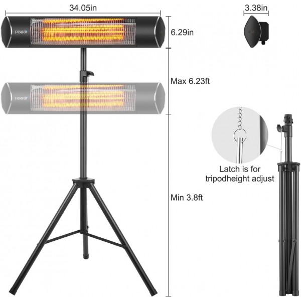 Pasapair Outdoor Heaters, Infrared Heaters with Remote, 3 Heat Settings, 24H Timer, IP65 Waterproof, Electric Patio Heaters with Tripod Stand for Garage,Patio,Home