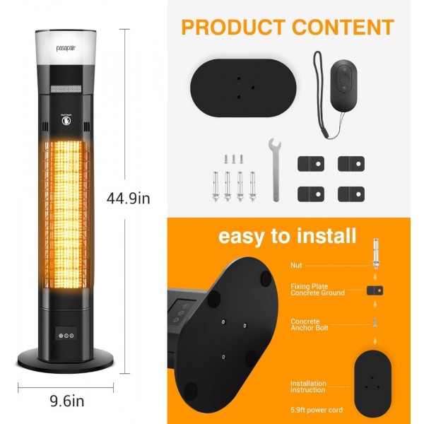 Pasapair Electric Patio Heater with Bluetooth Speaker and Light - 1500W Outdoor Heater Fast Heating with 5 Power Setting - Standing Infrared Heater Quiet and Odorless - IP55 Waterproof and 24H Timer