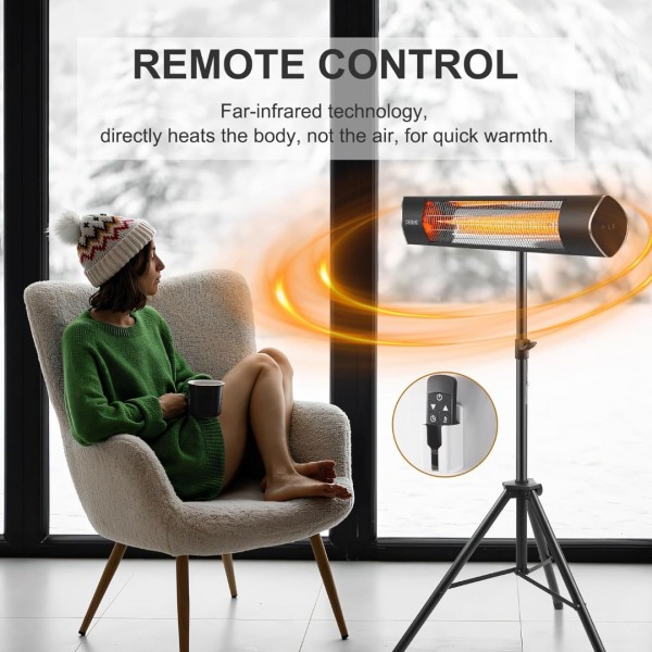 Pasapair Outdoor Heaters, Infrared Heaters with Remote, 3 Heat Settings, 24H Timer, IP65 Waterproof, Electric Patio Heaters with Tripod Stand for Garage,Patio,Home