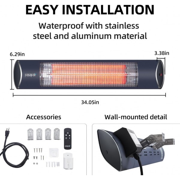 Pasapair Electric Outdoor Heater-Infrared Patio Heaters With Remote-1s Heating and 3 Heat Levels Wall Mounted Infrared Heater Quiet and Odorless-24H Timer,IP55 Waterproof,Blue