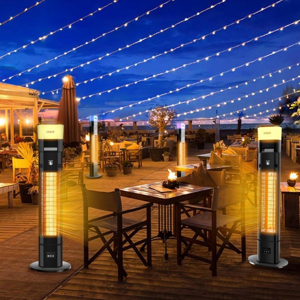 Pasapair Electric Patio Heater with Bluetooth Speaker and Light - 1500W Outdoor Heater Fast Heating with 5 Power Setting - Standing Infrared Heater Quiet and Odorless - IP55 Waterproof and 24H Timer